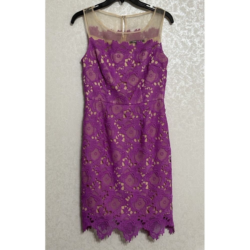 Gianni Bini Purple Floral Lace‎ Overlay Sheer Shoulder Sleeveless Sheath Dress 2